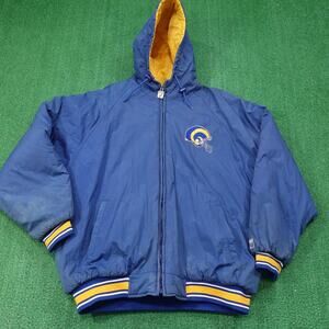 Vintage St. Louis Rams Puffer Jacket Mens Blue NFL Football Hooded Logo 7 90s